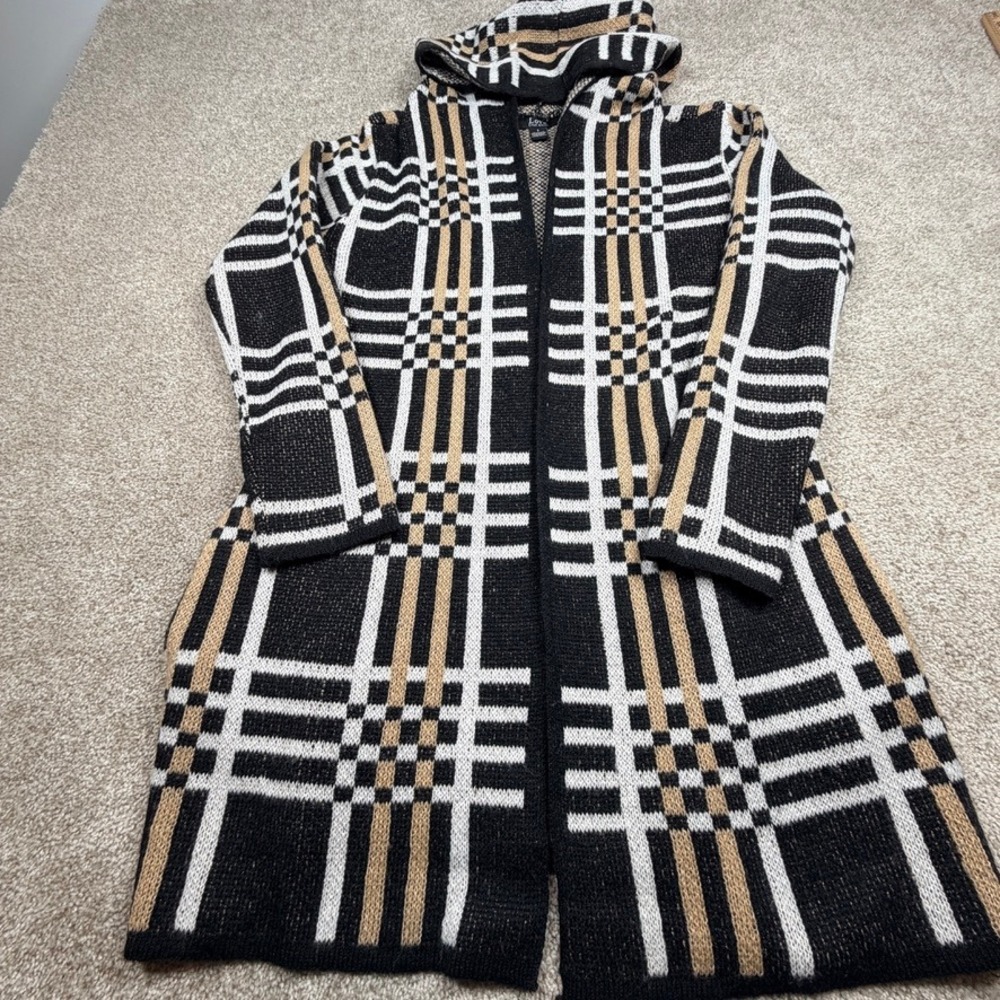 Love Ever After Womens Plaid Hooded Open Front Cardigan Black Tan White Small